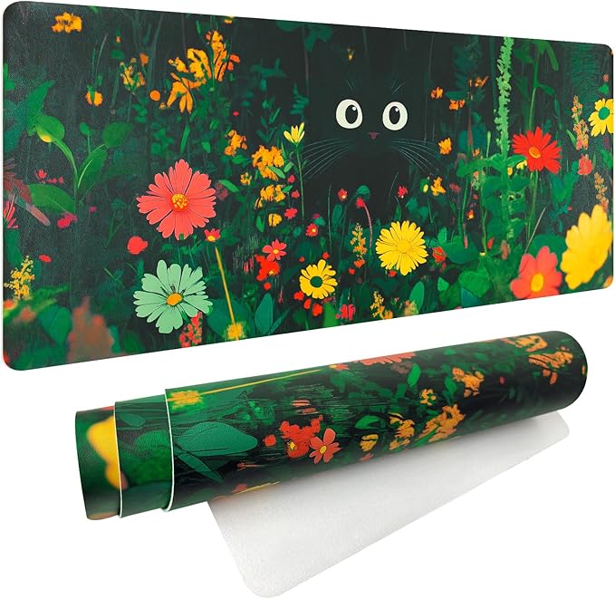 Bloss Green Mouse Pad,Large Floral Plants Desk Pads for Desktop,Cute Black Carton Cat Leather Desk Mat for Keyboard and Mouse,Computer Laptop Desk Protector Mat for Office/Home/Women Gift,31.5"x15.7"