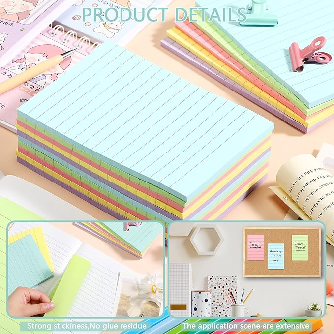 Thenshop 20 Pieces Lined Sticky Notes 4x6 Pastel Ruled Post Stickies Sticky Note Pads Memo Pads for Home Office Supplies, 50 Sheets/Pad(Mixed Colors)