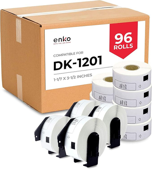 enKo - Compatible DK-1201 Standard Address 1-1/7" x 3-1/2" Replacement Labels, Compatible for Brother QL Label Printers [96 Rolls / 38400 Labels with 32 Refillable Cartridge Frame]