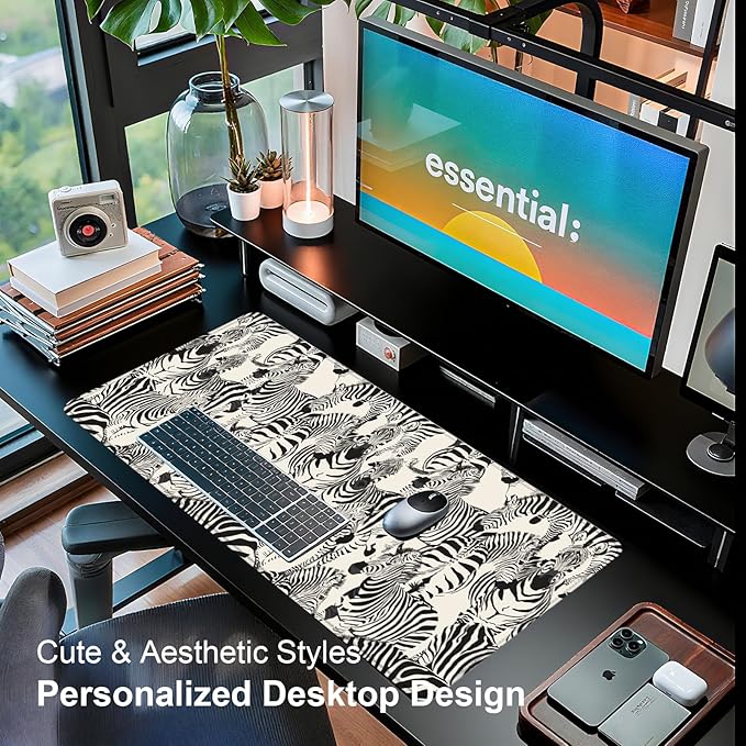 Large Desk Mat, Desk Matt for Desktop, Computer Gaming Mouse Pads, Anti-Slip Rubber Base, Stitched Edges Soft Mat for Desktop Office Home 31.5 x 11.8 Inches (Striped Zebra)