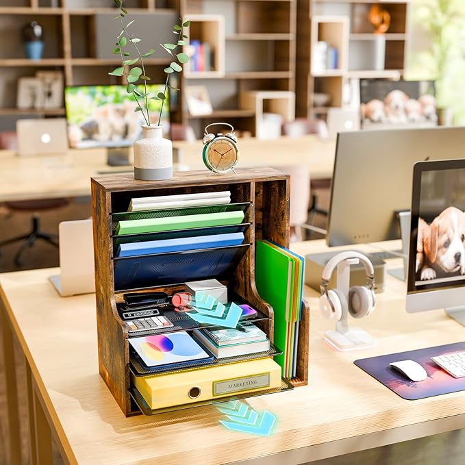 Simple Trending 7 Tier Desk File Organizer, Wooden Letter Tray Paper Organizer with Adjustable File Holder, Mesh Desktop Organizer and Storage for Office Supplies