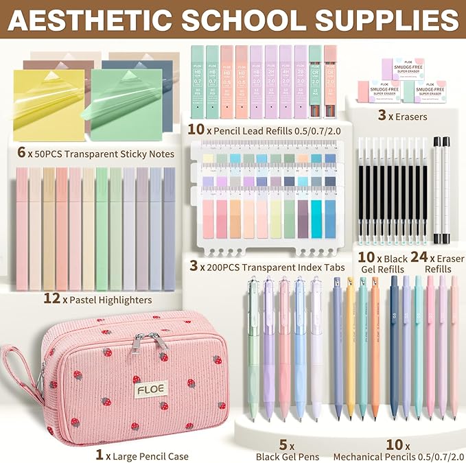 62PCS Aesthetic School Supplies, Cute Back to School Supplies College Essentials Preppy Stationary Set with Large Pencil Pouch Case, Pastel Highlighters Gel Pens Mechanical Pencils for Student Girls
