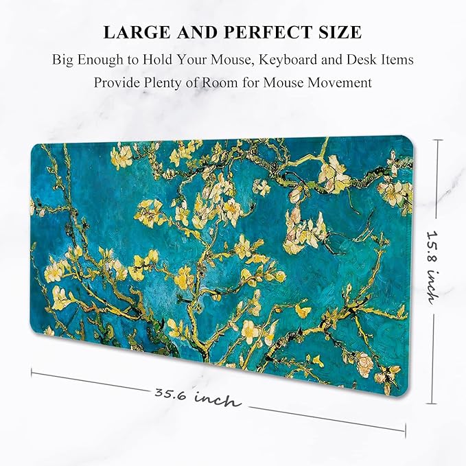 Auhoahsil Desk Pad, XXL Large Mouse Pad, Extended Gaming Mousepad, Cute Desk Mat for Women, Big Office Accessories Mouse Pad for Computer Keyboard and Laptop, 35.6" x 15.7", Teal Van Gogh Almond Tree