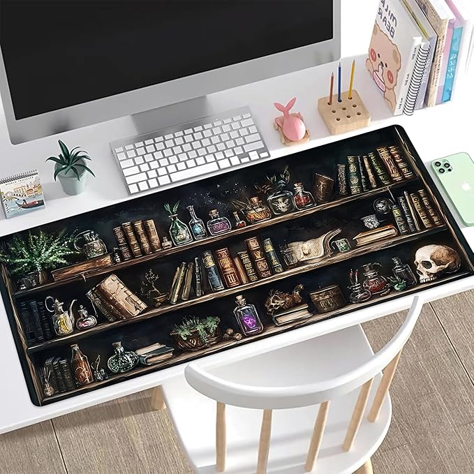 Desk Pad, Black Academia Fantasy Bookshelf Goth Skull XL Gaming Mouse Pad with Stitched Edges,Non-Slip Waterproof Rubber Base Large Desk Mat for Keyboard and Mouse 31.5"x11.8"