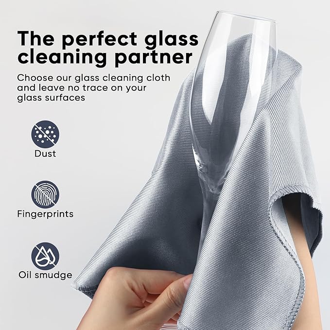 HOMEXCEL Microfiber Glass Cleaning Cloth 12 PK, Lint Free Streak Free, Reusable Cleaning Cloth for Cleaning Windows, Glasses, Mirrors, Screens, Stainless Steel, and More Grey-12”×12”