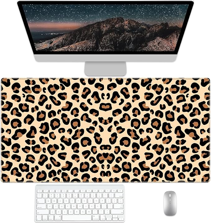 Brown Leopard Desk Pad Protector, Stitched Edges Mouse Pad, Large Office Mat, Non-Slip Blotter, Laptop Pad, Writing Pad for Office and Home (31.5" x 15.7")