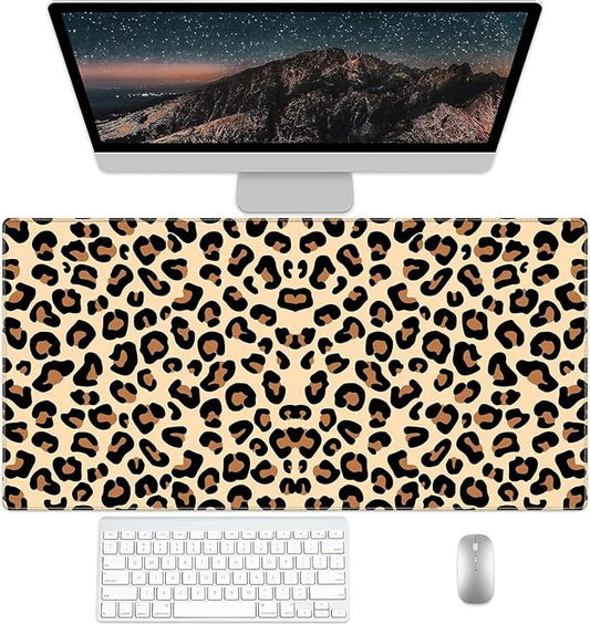 Brown Leopard Desk Pad Protector, Stitched Edges Mouse Pad, Large Office Mat, Non-Slip Blotter, Laptop Pad, Writing Pad for Office and Home (31.5" x 15.7")