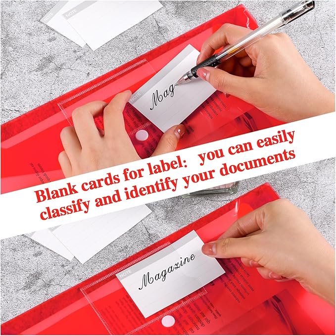 Lincia 24 Pcs Plastic Envelopes A4 Size Poly Envelopes File Folders Work Document Holder Office Paper Plastic File Organizer with Label Pocket Snap Button Home File Bag for School (Clear Red)