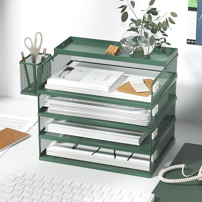 Metal Stackable Letter Trays, 4-Tier Desk Organizer & Paper Trays for Office, Stackable File & Document Tray with Magnetic Labels,Green