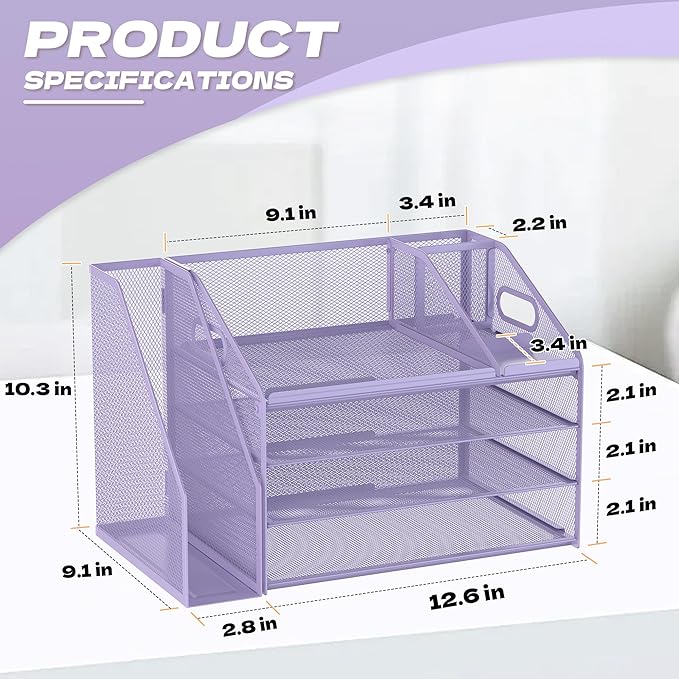 DocNest 4 Tier Paper Letter Tray File Organizer, Mesh Desk File with Handle, Workspace Desk Organizers with Pen Holder, Office Organization Storage Accessories - Purple
