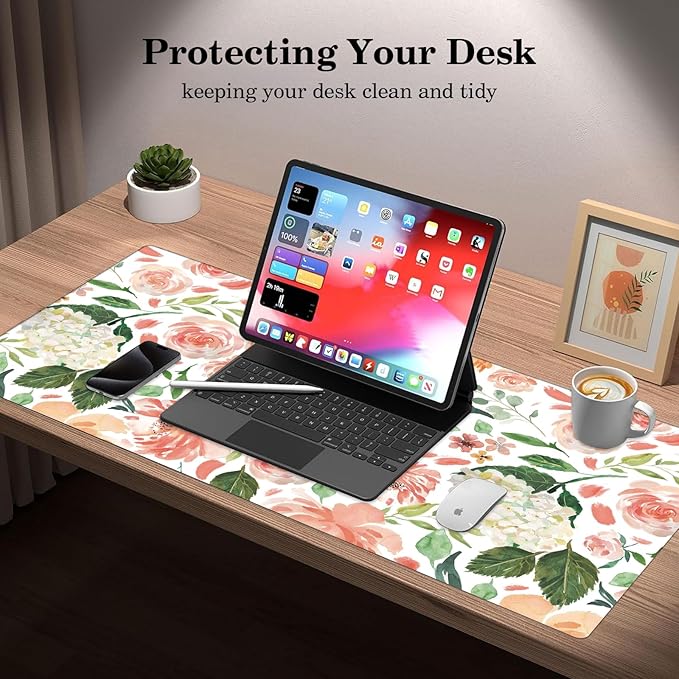 Peony Flower Desk Pad Protector, Stitched Edges Mouse Pad, Large Office Desk Mat, Non-Slip Desk Blotter, Laptop Desk Pad, Floral Desk Writing Pad for Office and Home (31.5" x 15.7")