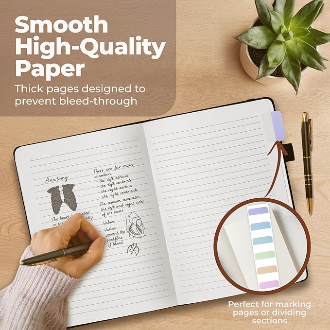 Thick Lined Journal Notebook 8.5x11" with Big A4 Hardcover Leather - Black - 300 Pages College Ruled Large with Sticky Tabs, Pockets, & Pen Loop for Writing and Journaling - Hard Cover Fancy Notebook