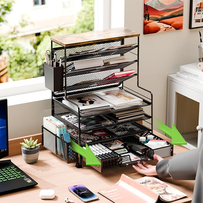 8 Tier Desk File Organizer, Metal Mesh Letter Tray Paper Organizer, Large Capacity Desktop Organizers, Desk Accessories File Holder Storage Organization for Office, Home or School, Black