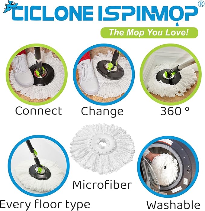 Spinning Mop and Bucket with Wringer Set for Home - 360 Spin Mop with Adjustable Handle & Bucket with Wheels - 1 Microfiber Mop Head - Mop and Bucket Set for Floor Cleaning at Home, Office, Hotel