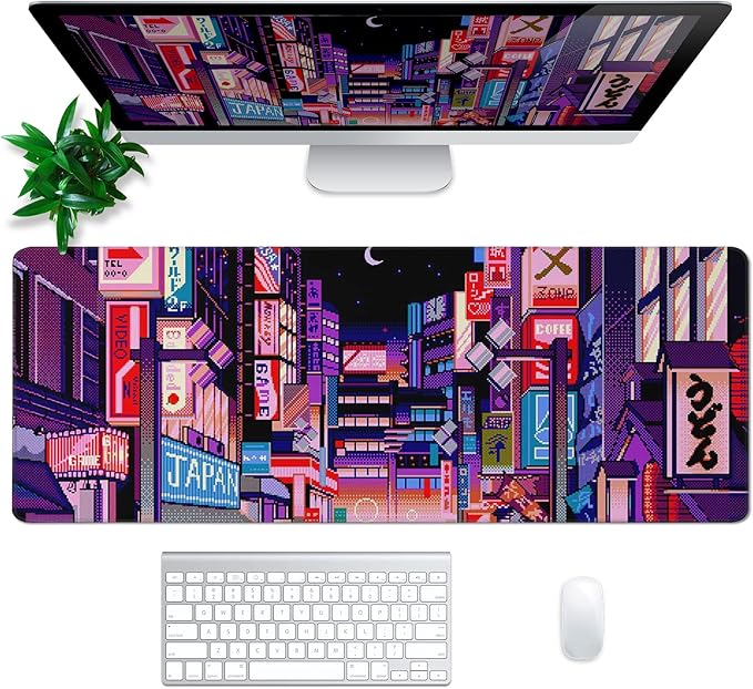 Dark Purple Japanese Gaming Mouse Pad Abstract Anime Mat 31.5x11.8 Inch Tokyo Pixel Street Texture Non-Slip Rubber Base Kawaii Mousepad Stitched Edges Keyboard Desk Pad for Office and Home Game