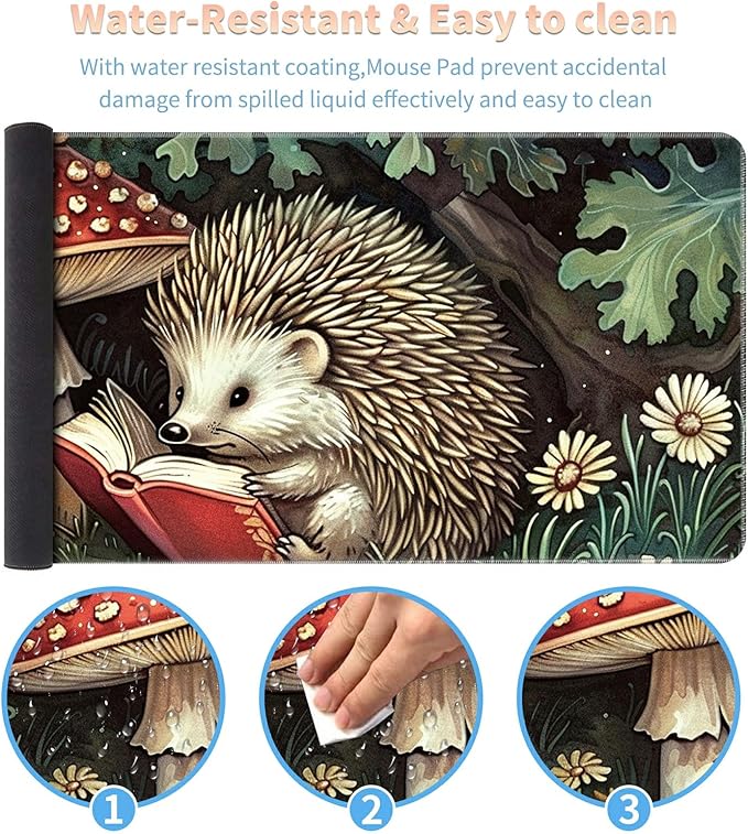 Desk Mat Large Gaming Mouse Pad (31.5x11.8 inch) with Stitched Edges, XL Mouse Pad +Coaster, Extended Mouse Mat Keybroad Mousepad Non-Slip Rubber for Gamer Men Women, Hedgehog Mushrooms