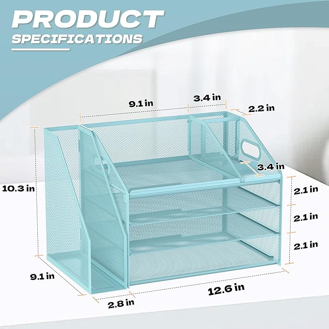 DocNest 4 Tier Paper Letter Tray File Organizer, Mesh Desk File with Handle, Workspace Desk Organizers with Pen Holder, Office Organization Storage Accessories - Blue