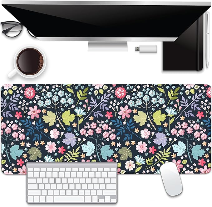 Maple Leaf and Flowers Desk Pad Mouse Pad,Large Floral Mouse Mat with Stitched Edges,Non-Slip Rubber Base Elegant Mousepad for Office PC Keyboard Laptop and Home Work Desk Mat(27.5X11.8 in)