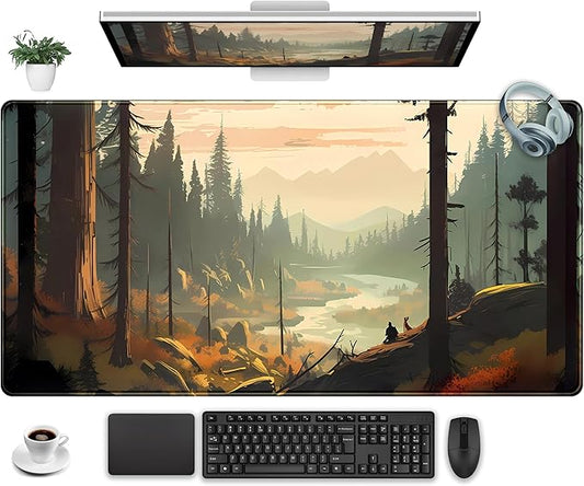 Desk Mat Gaming Desk Pad Valleys, Forest Mouse Pad XXL Extended Large Mouse and Keyboard Mat, Computer Desktop Mat with Non-Slip Base & Stitched Edges, Aesthetic Nature Desk Decor 31.5" x 15.7"