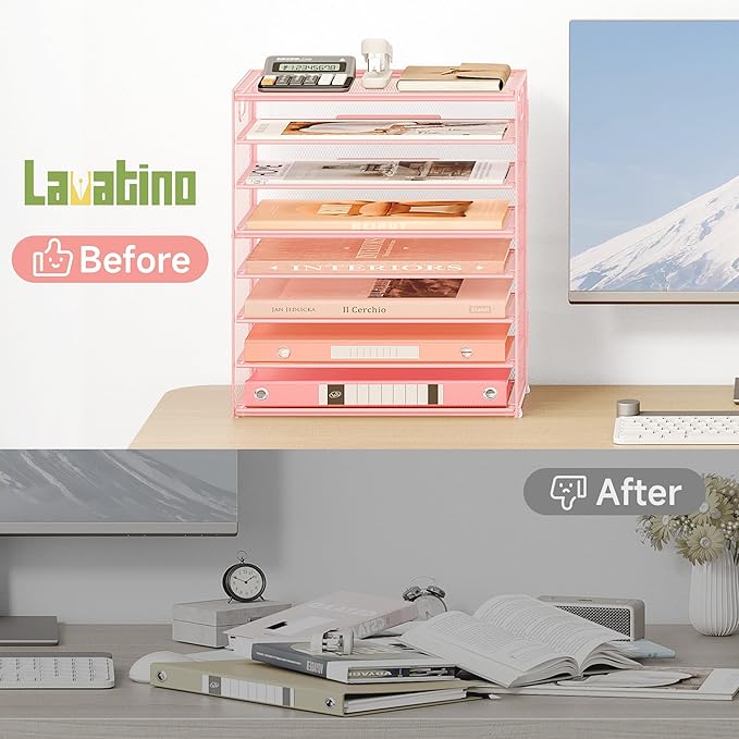 Lavatino 8-Tier Letter Tray Desk Paper Organizer, Mesh File Sorter Tray Organizer for Desk Office Supplies & Home Organization, Fits A4 Paper, Mail, Magazines and Office Accessories (Pink with Handle)