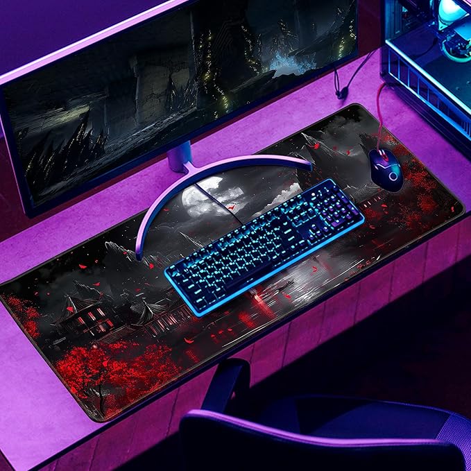 Japanese Riverside Full Moon Desk Mat Large Mouse Pad Gaming Mousepad Extended XL Keyboard Mat Computer Laptop Mouse Desktop Mat 31.5 X 11.8 Desk Decor