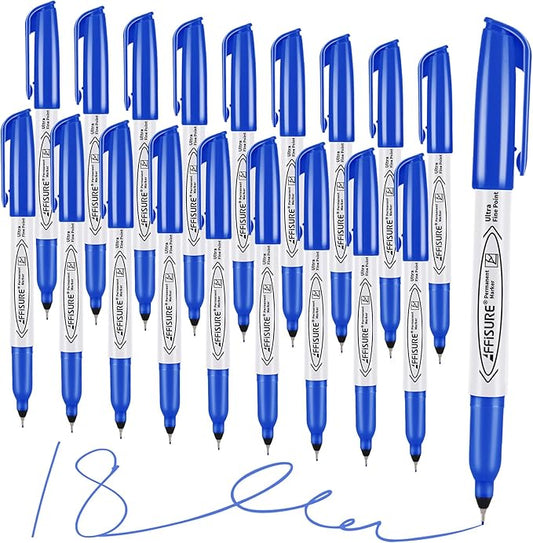 Blue Ultra Fine Point Permanent Markers, 18 Pack, 0.4 mm, Precision Extra Fine Tip for Detailed Writing, Art, Crafts & Labeling on Paper, Plastic, Glass, Metal, Waterproof, Fade-Resistant Ink