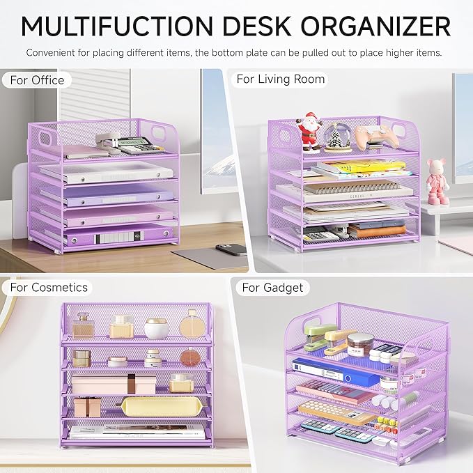 Lavatino Desk Letter Tray Paper Organizer, 5-Tier with Handle Metal Mesh Desktop File Organizer Paper Holder for Classroom Office Desk Accessories- Purple