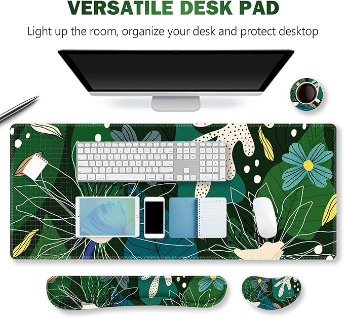 ARTSO Large Mouse Pad Wrist Rest Set,Extended Desk Mat+Keyboard Wrist Rest+Mouse Wrist Support+Coaster, 4in1 Non-Slip Desk Protector Pad Blotter for Home Office-Green Leaves Flowers Abstract