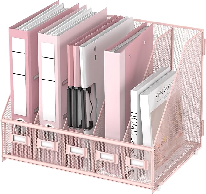DALTACK Desk Organizers Metal Magazine File Holder with 5 Vertical Compartments Folder Storage Binder Organizer for Office Home School Organization, Pink Plus