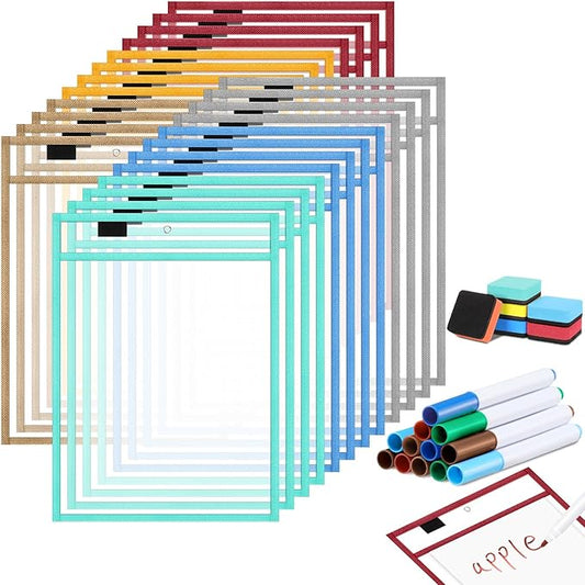 24 Pack Dry Erase Pocket Reusable Sleeves 10" x 14" Clear Plastic Sheet Protectors with Dry Erase Markers and Mini Sleeves Paper Teacher Supplies (Light Boho)