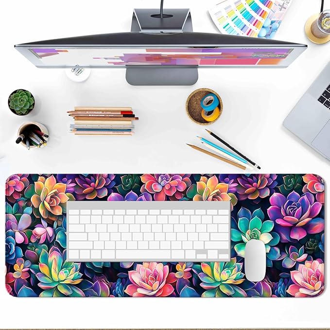 Colourful Succulent Plants Gaming Desk Mat, Extended Large Nature Aesthetic Mouse Pad, Computer Keyboard Laptop Mousepad for Work, Office and Home, XL