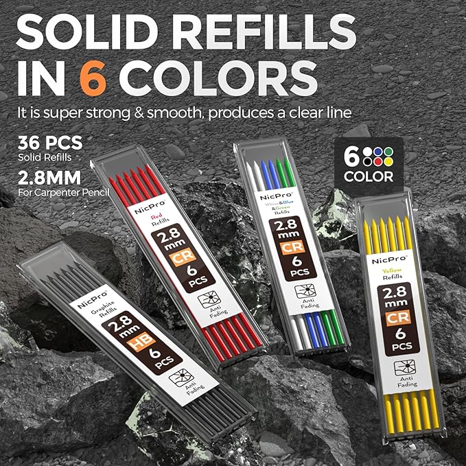 Nicpro 3 Pack CP1000 Carpenter Pencils with Sharpener, Mechanical Carpenter Pencil with 39 Refills, Deep Hole Long Nib Marker Pens for Construction, Heavy Duty Woodworking Pencil for Architect Marking