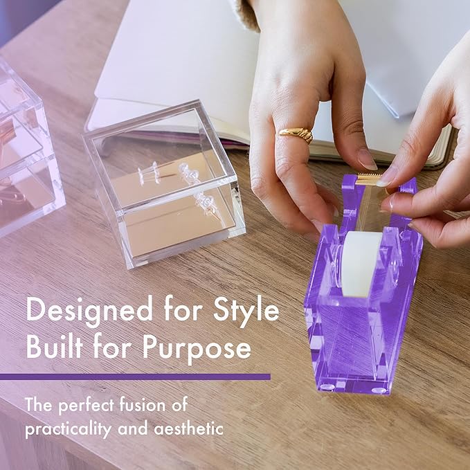 OfficeGoods Acrylic Tape Dispenser – Modern Desk Organizer for Office Supplies – Heavy Duty Refillable Tape Holder for Home and School Crafting – Stylish Desktop Accessory for Gift Wrapping, Purple