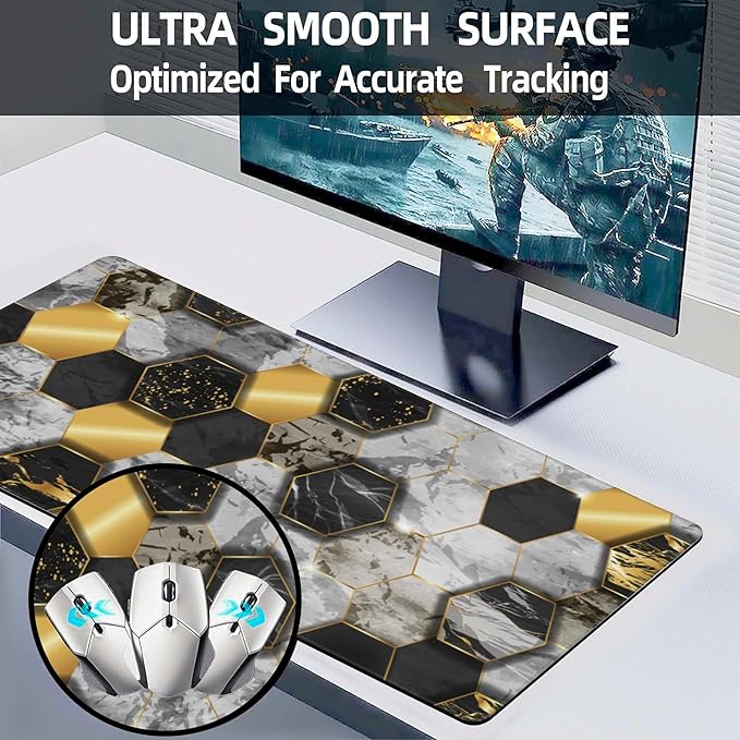 Desk Pad, Black Golden Honeycomb Marble Hexagon Extended Large Gaming Mouse Pad for Desk XXL, Large Desk Mat for Desktop with Non-Slip Rubber Base Stitched Edges for Home Office Desk 35.4"X15.7"