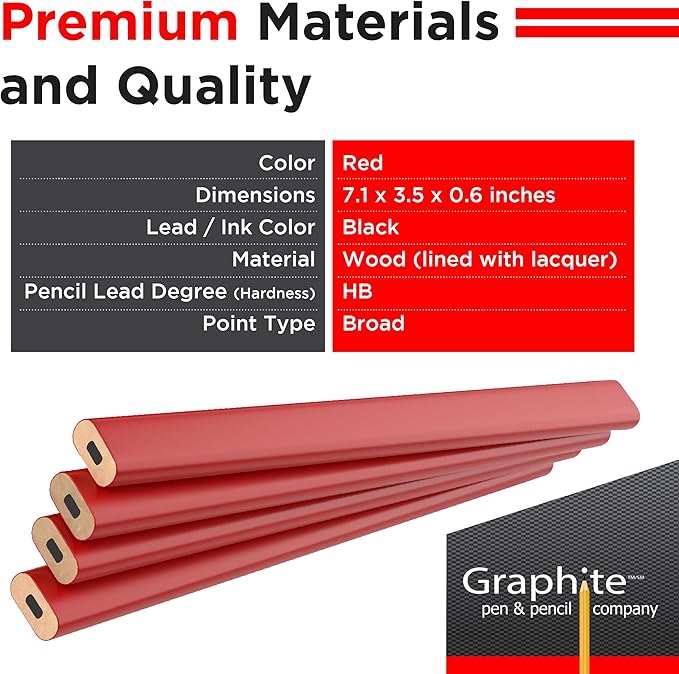 GRAPHITE Hard Lead Carpenter Pencils Bulk - (1) Pack of 12 Pieces Lumber Wooden Pencil #2 (HB) - Red