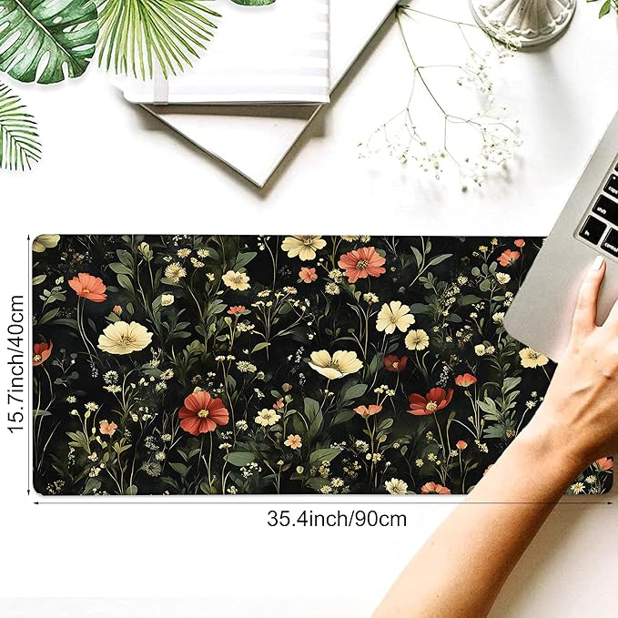 Desk Pad, Colorful Wildflowers Floral XXL Gaming Mouse Pad with Stitched Edges,Non-Slip Waterproof Rubber Base Large Desk Mat for Keyboard and Mouse 35.4"x15.7"