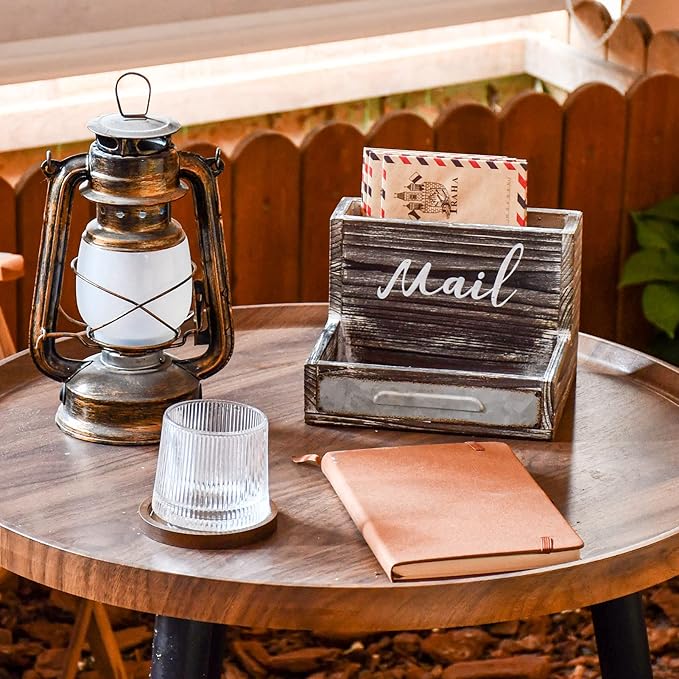 Farmhouse Mail Organizer Countertop Letter Sorter Caddy 2 Tier Rustic Mail Tray Wooden Mail Holder File Organizer Bill Paper Folder Office Desk Accessories Rustic Office Supplies Home Decor