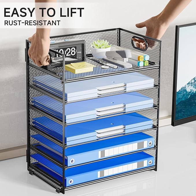 Paper Organizer for Desk File Organizer with Handle Mesh 6 Tier Letter Tray Paper Sorter Desk Organizer for Office Home Supplies-Grey