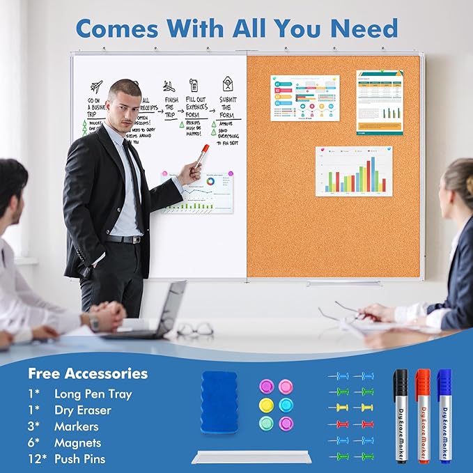 Magnetic White Board and Cork Board Combo, 48 X 36 inches Whiteboard Bulletin Combination Board, Wall Mounted Dry Erase Message Board for Home, School and Office
