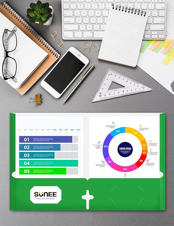 SUNEE Folders with Pockets 3 Hole Punched(50 Pack, Green), 2 Pocket Folders Fit Letter Size Paper, Paper File Folder for School Office Home Business