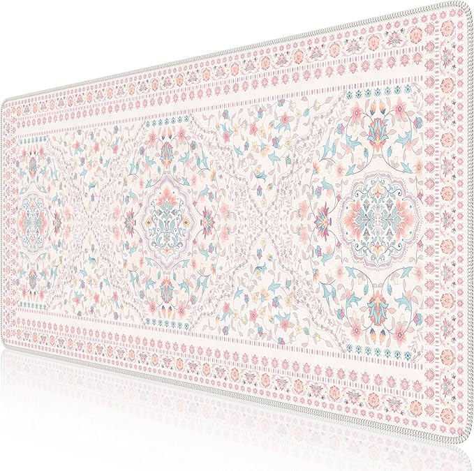 HAOCOO Pink Desk Mat, Non-Slip Office Table Mat, Aesthetic Mouse Pad with Stitched Edge, 35.4" x 15.7" Long Mouse Pad, Waterproof Dorm Desk Mat for Writing, Drawing