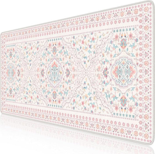 HAOCOO Pink Desk Mat, Non-Slip Office Table Mat, Aesthetic Mouse Pad with Stitched Edge, 35.4" x 15.7" Long Mouse Pad, Waterproof Dorm Desk Mat for Writing, Drawing