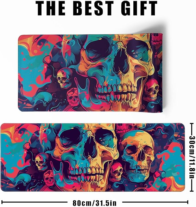 Desk Mat Psychedelic Desk Accessories Skulls Extended Gaming Mouse Desk Pad Decorations for Office Keyboard Mousepad Mat31.5x11.8in, Stitched Edge Non-Slip Bottom Large Mouse Pad