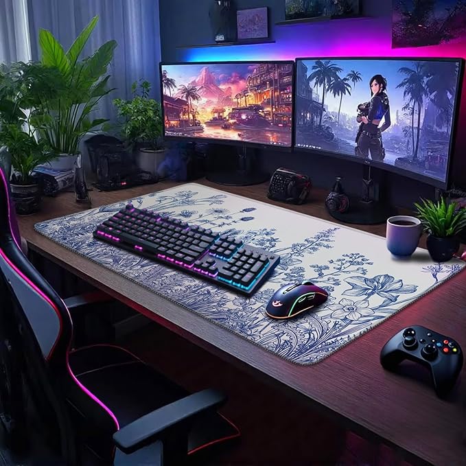 Narcissus Blue Floral Large Gaming Mouse Pad 31.5"x15.7"｜ Flower XXL Desk Mat, Non-Slip Rubber Base & Stitched Edges - Extended Waterproof Mousepad for PC/Laptop/Office/Home Decor