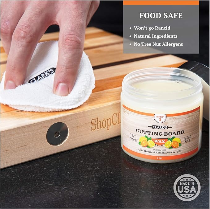 CLARK’S Cutting Board Oil and Wax Kit – Includes Food Grade Mineral Oil (12oz), Finishing Wax (6oz), Applicator, & Buffing Pad to Clean and Protect Wood, Enriched with Natural Lemon & Orange Extract