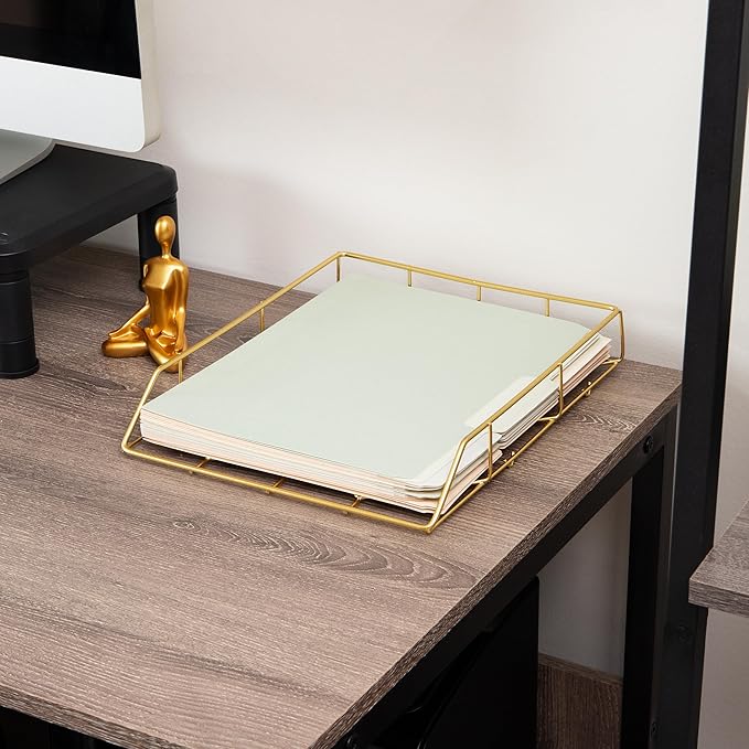 Mind Reader Gold Geometric Paper Tray, Modern Organizer for Documents, Folders, and Office Supplies, Durable and Stylish, Metal, 10" L x 12.25" W x 2" H, Gold