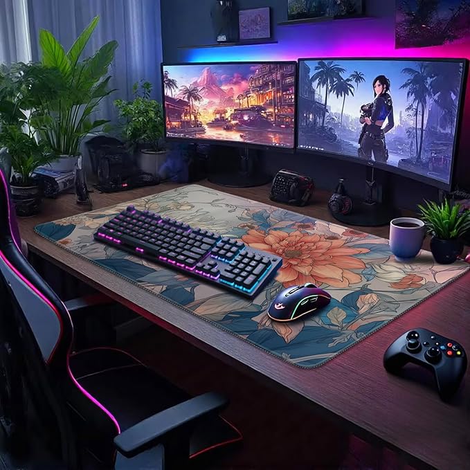 Japanese Minimalist Floral Large Gaming Mouse Pad 31.5"x15.7"｜ Aesthetic Flower XXL Desk Mat, Non-Slip Rubber Base & Stitched Edges - Extended Mousepad for PC/Laptop/Office/Home Decor