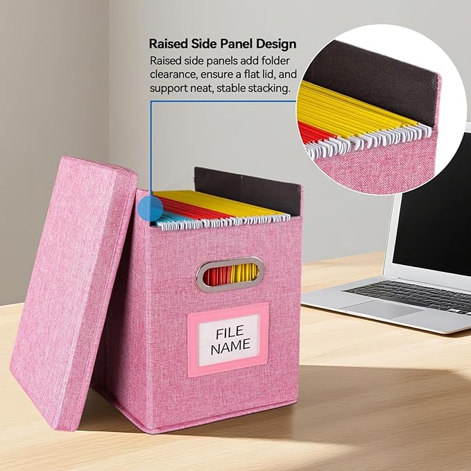 2 Pack Hanging File Folders Organizer with Lid, Letter Size Fabric File Storage Box Collapsible, Portable Office Document Holder with Metal Handle, Smooth PVC Rails, Pink