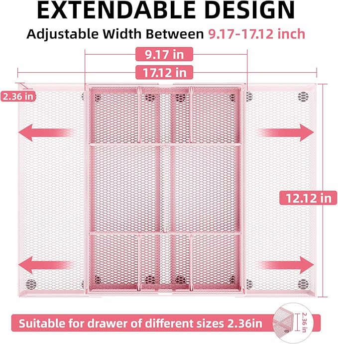 Marbrasse Expandable Desk Drawer Organizer, Mesh Tray with 10 Adjustable Compartments, Desk Organizers for Office Supplies, Makeup & Vanity (Expandable-Pink)