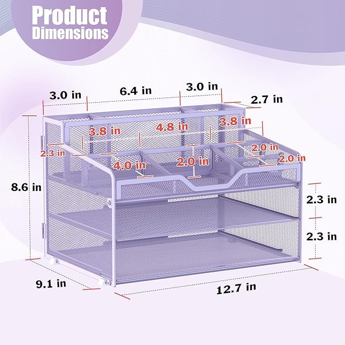 Docnest 3 Tier Mesh Desk Organizer for Paper Office Supplies – Multi-Functional Letter Tray with 5 Adjustable Compartments, 3 Pen Holders, Desktop Storage for Files, Mail, Stationery – Purple